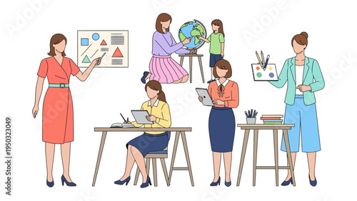 Fotografie Empowering Minds: Illustration of dedicated teachers in a classroom setting, each engrossed in guiding young minds with enthusiasm and passion