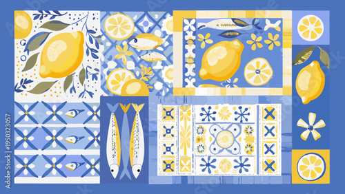 A vibrant patchwork of lemons fish and floral designs in blue and yellow