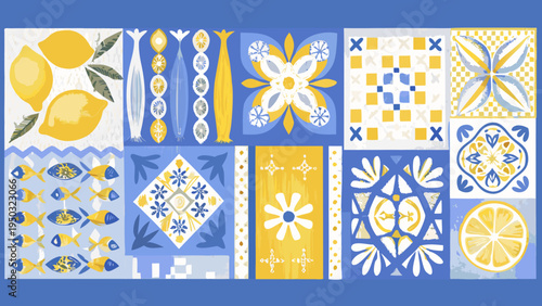 A colorful tile arrangement showcasing lemons fish and floral patterns