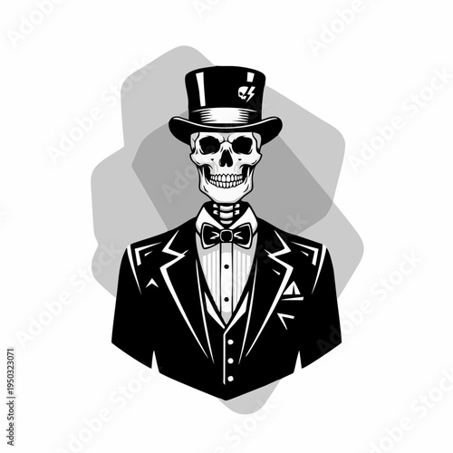 A smiling skeleton in a tuxedo and top hat stands confidently indoors with a bow tie and suit.