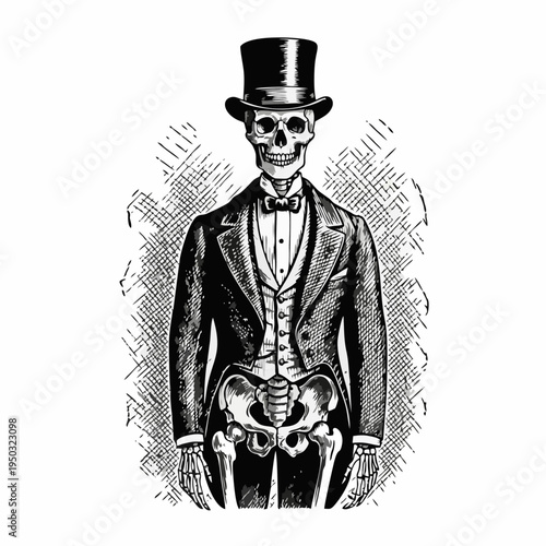 A skeleton wearing a top hat and tuxedo stands with exposed bones.