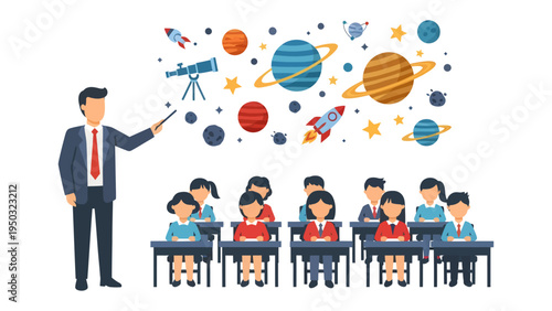 Classroom Expedition: In a vibrant scene, a teacher guides a classroom of attentive students through an imaginative journey of exploration into the world of cosmos and education.