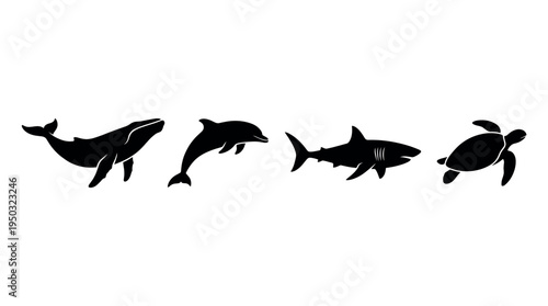 Collection of black marine life silhouettes. Whale, dolphin, shark, and sea turtle vector icons. Ideal for conservation logo, sticker, or educational design element.