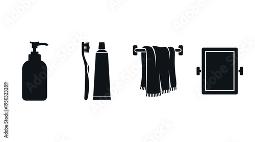 A set of simple black bathroom icons: dispenser, toothbrush, toothpaste, towel, and mirror. Minimalist glyph collection for hygiene, routine, and personal care concepts.