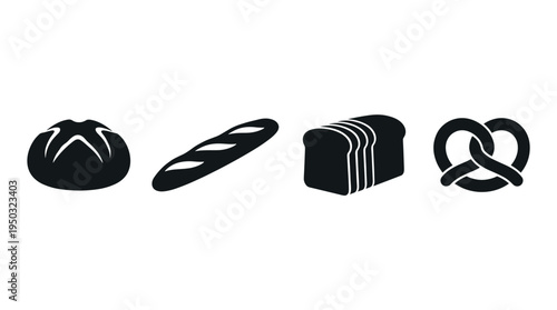 A minimalist set of black bakery icons. Includes a round loaf, baguette, sliced bread, and pretzel. Perfect for menus, logos, food apps, and web design. Vector graphic.