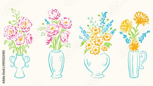 Colorful floral arrangements in vases sketched in a playful illustrative style