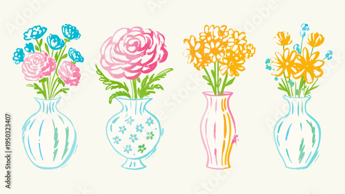 Colorful floral arrangements in vases a charming hand drawn illustration