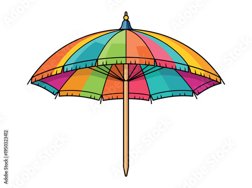A colorful beach umbrella illustration. This vibrant, rainbow-striped parasol icon is perfect for summer, vacation, travel, and holiday designs. A cheerful and fun graphic.