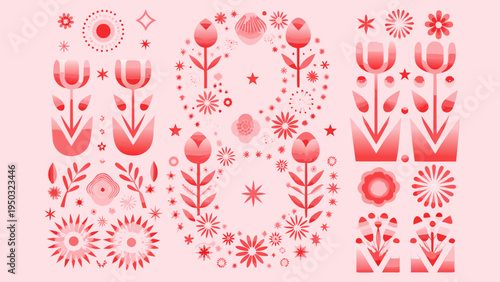 Stylized red floral design forming the letter u on pink background