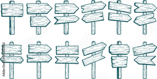 Set of hand drawn wooden signposts and directional arrows, vintage sketch style