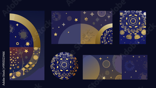 Celestial patterns and golden accents across a series of rectangular designs