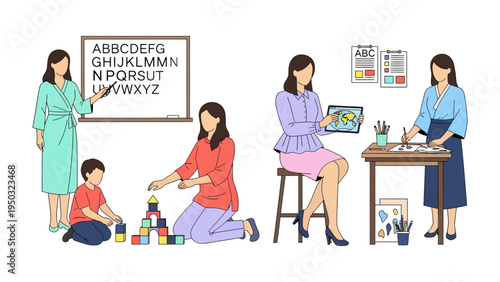 Kindergarten Classroom Scene: A depiction of a nurturing learning environment with educators engaging children in various activities like alphabet learning, building with blocks.