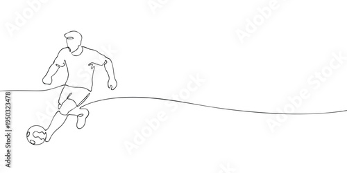 Minimal line illustration of a soccer player running with a ball, symbolizing football sport, competition, teamwork, movement, and athletic activity