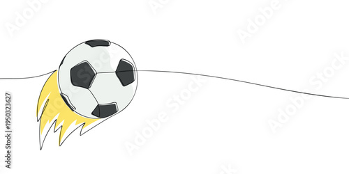 Minimal illustration of a soccer ball flying with a fiery trail, symbolizing a powerful kick, speed, action, and competitive football gameplay