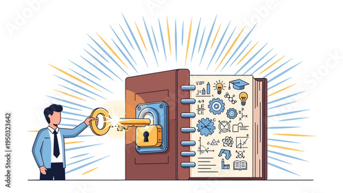 Unlocking Knowledge: An individual unlocks a treasure trove of innovation, symbolized by a key opening a book brimming with ideas, revealing the power of knowledge, education, and inspiration.