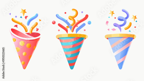 Colorful party poppers exploding with confetti and streamers celebratory design
