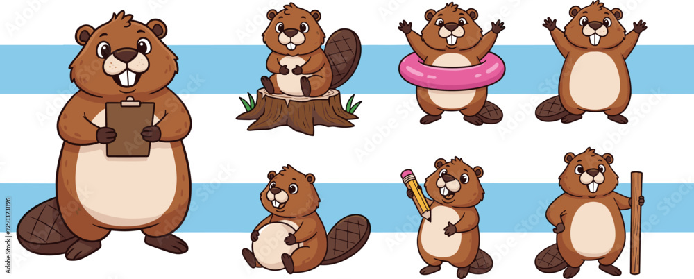 Fototapeta premium Cute Beaver Cartoon Characters Collection with Funny Poses Woodland Animal Vector Illustration Set