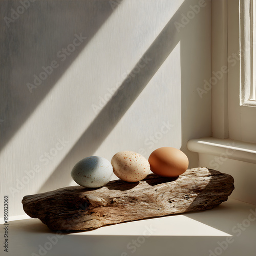 A minimalist rustic composition of three eggs resting on a flat piece of driftwood by a sunlit window. - Image #1 @Ai content creator