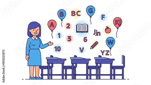 Teacher in the Classroom: An educator in a vibrant classroom setting, surrounded by educational symbols, is giving lesson and inspire the student. The atmosphere suggests a space of learning, growth.