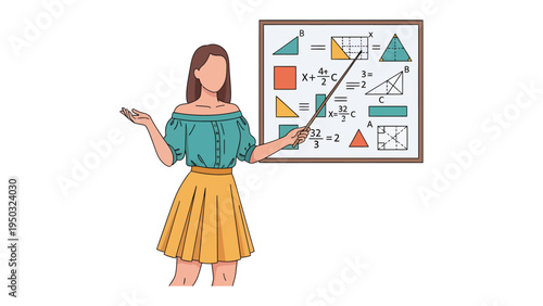 Educational Demonstration: An illustration of a female instructor, standing before a whiteboard filled with geometric shapes and formulas, engaged in a lesson.