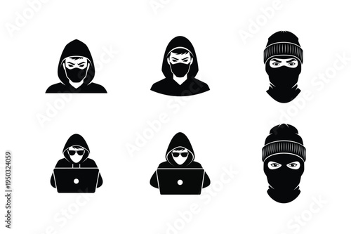A collection of black silhouettes depicting masked figures some using laptops in a hacker style