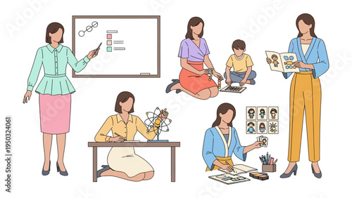 Teacher's Daily Activities: Diverse illustrations showcase a teacher's various activities in the classroom and during tutoring sessions, presenting education's multifaceted role.