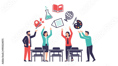 Education Dreams: A collaborative scene of educators reaching for symbols of knowledge, illustrating the aspiration and ideals of learning and enlightenment.