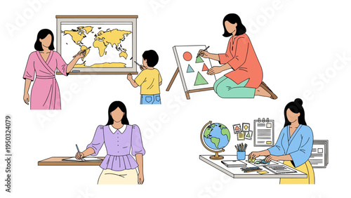Teacher's Journey: A compilation of images showcasing a teacher's day-to-day role in educating and inspiring young minds, encompassing diverse activities like teaching geography, art.