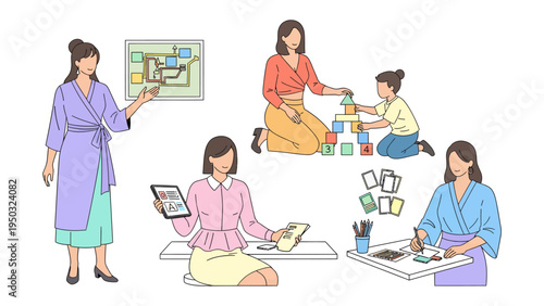 Women in various Roles: A woman engaged in various roles across multiple settings, showcasing her diverse responsibilities.