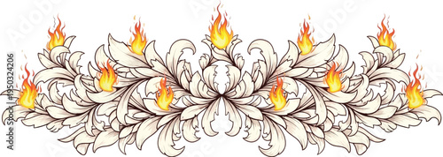 An intricate floral design with flames on a white background