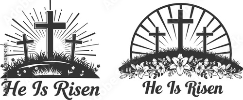 Easter sunday celebration he is risen christian crosses on hill with sunburst background