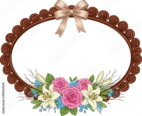 A beautiful floral wreath with pink roses and a brown ribbon on a white background