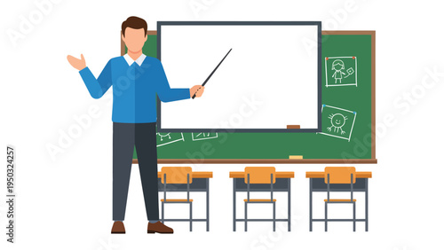 Educator in Classroom: A teacher stands before a blank blackboard in a classroom setting, ready to guide and inform with a pointer in hand. It captures learning atmosphere.