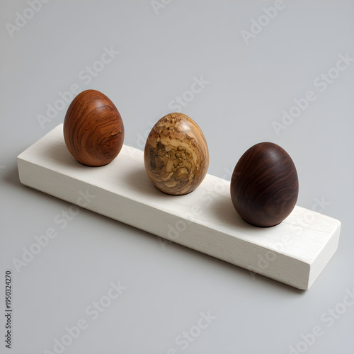 A minimalist white shelf featuring three eggs made of different precious woods like teak, ebony, and walnut. - Image #2 @Ai content creator