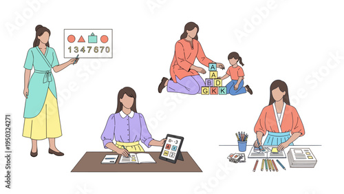 Nurturing Minds and Creativity: A montage captures a woman educator guiding and nurturing young children, fostering their early learning and development.