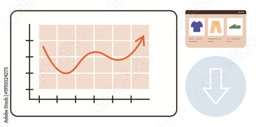 Business analytics, digital marketing, e-commerce growth, online retail, sales performance, data visualization. Chart with upward trend, webpage and download icon. E-commerce growth and digital