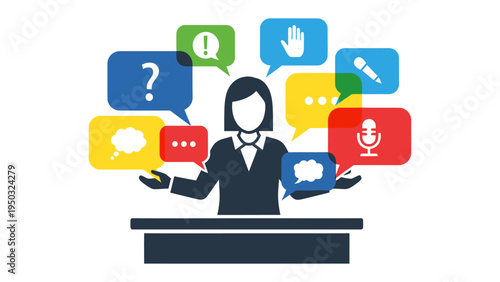 Speaker's Speech Bubbles: A poised presenter stands confidently before an audience, her words and ideas bursting forth in a vibrant display of speech bubbles.