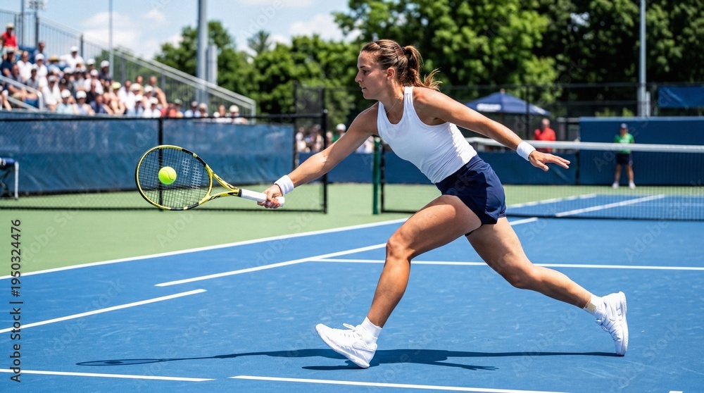 Obraz premium Focused female tennis player hitting a forehand shot on an outdoor hard court