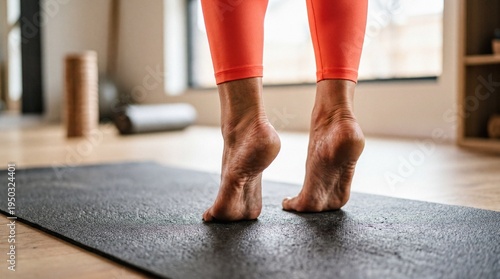 Close-up of bare feet on tiptoes exercising on a yoga mat indoors.