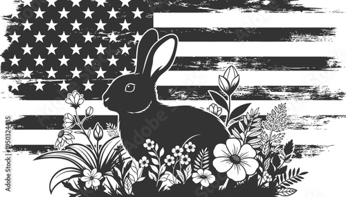 Easter sunday patriotic american flag bunny rabbit in flowers black and white illustration