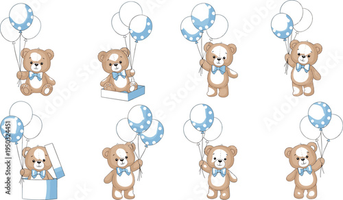 Cute Teddy Bear with Balloons Baby Shower Illustration Set
