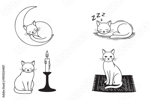 Cute line art cats sleeping on moon and carpet near candle in minimal sketch style isolated