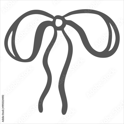 Whimsical bow from ribbon vector graphic illustration. Isolated doodle of vintage textile decoration for coquettecore design. Hand drawn silk tied streamer for card, birthday, wedding, Valentines.