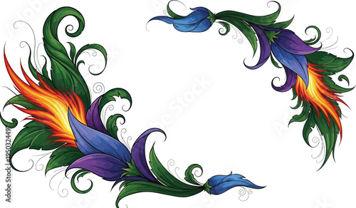 A vibrant floral wreath with colorful leaves and flowers on a white background