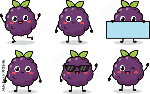Collection of cute blackberry character mascots featuring diverse expressions and poses including running winking and wearing sunglasses