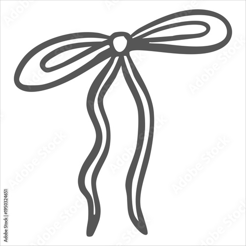 Whimsical bow from ribbon vector graphic illustration. Isolated doodle of vintage textile decoration for coquettecore design. Hand drawn silk tied streamer for card, birthday, wedding, Valentines.