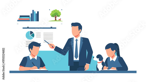 Corporate Seminar: A dedicated instructor, at the forefront of a training session, shares insights with a focused class. Through illustrative charts, the workshop delves into the topic.