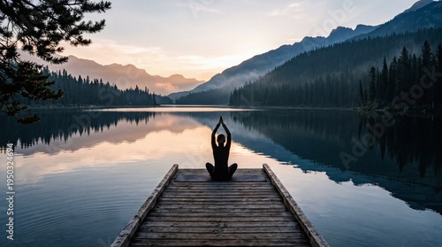 Yoga meditation silhouette on wooden dock at tranquil mountain lake during sunrise