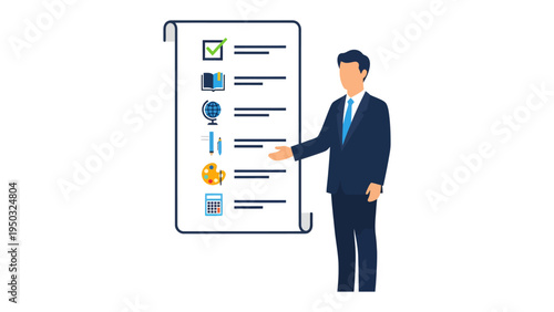 Strategic Plan Unveiled: A sharp professional points with authority, presenting a detailed, actionable checklist illustrating the essence of strategic planning.