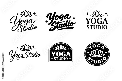 Set of six elegant yoga studio logos featuring lotus designs in black and white